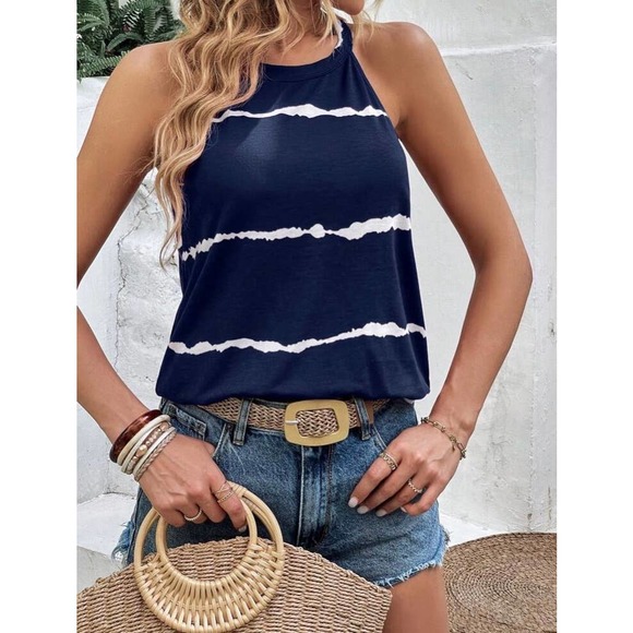 Emery Rose Tops - Navy Striped Print Halter Top